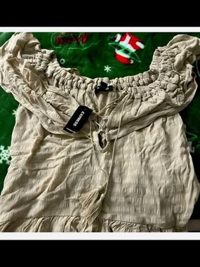 Express Tan Off-Shoulder Ruffle Tie Peasant Top NWT